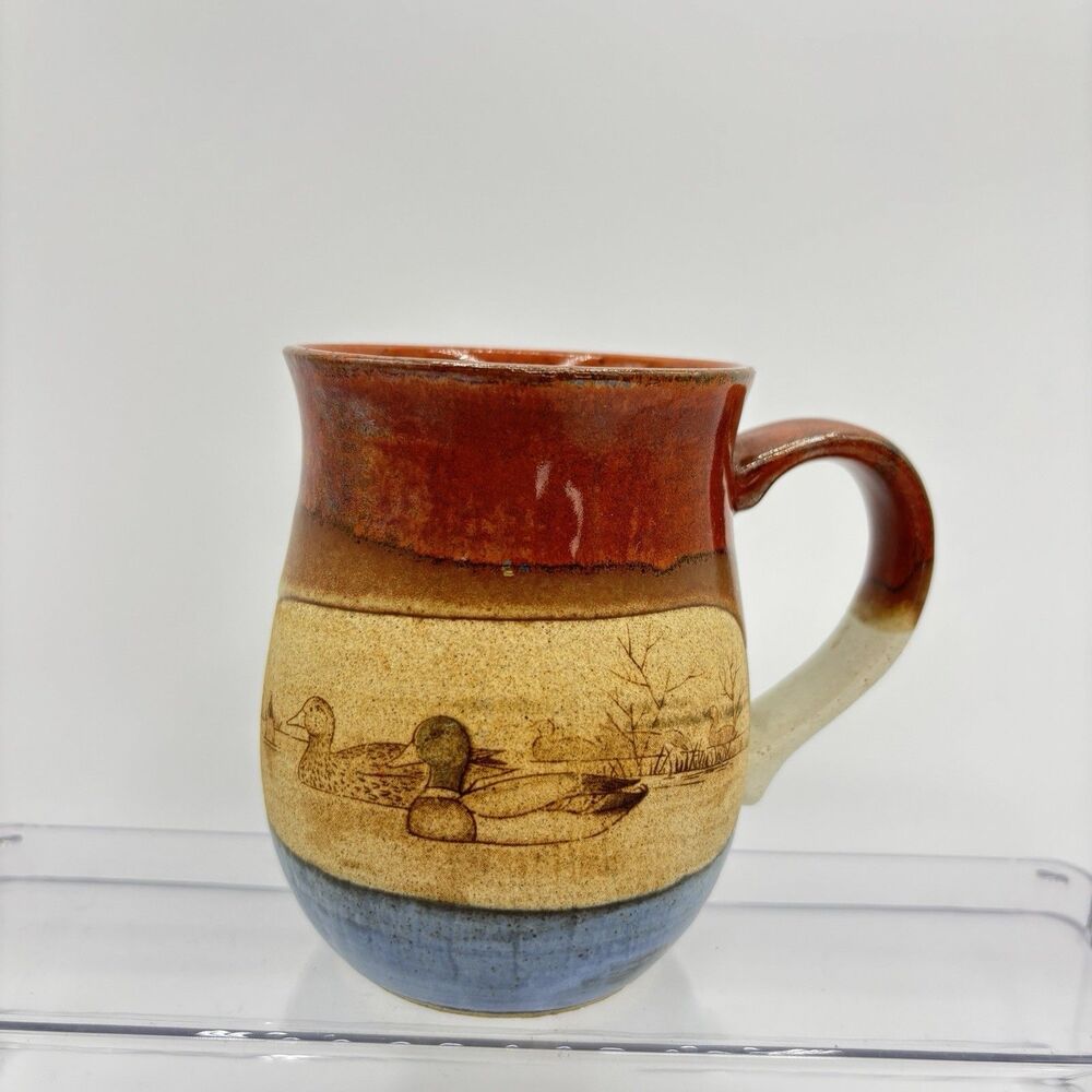 OTAGIRI Japan COFFEE Tea MUG Brown Blue DUCKS Vintage Hand Crafted Stoneware